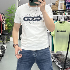 重工烫钻GOOD彩钻短袖时尚T恤圆领男士夏季个性新款青年修身百搭t