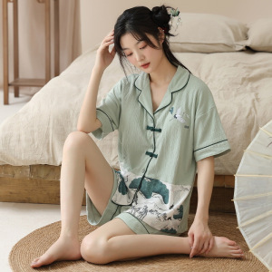 新中式开衫薄款睡衣女夏带胸垫短袖可外穿复古大码家居服套装