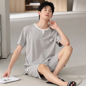 男士睡衣夏季纯棉薄款凉感短袖短裤套头两件套男生家居服大码套装