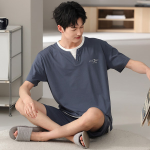 男士睡衣夏季纯棉薄款凉感短袖短裤套头两件套男生家居服大码套装