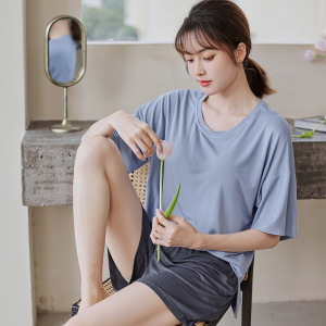 自带胸垫睡衣女士夏款莫代尔短袖套装凉感薄款防凸点家居服两件套