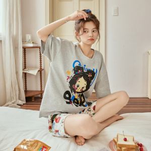 韩版纯棉睡衣女款夏季自带胸垫短袖短裤两件套宽松圆领家居服套装