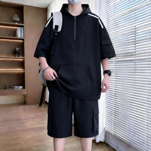 套装男半袖短袖T恤男连帽休闲宽松夏季潮牌ins港风运动痞帅一整套