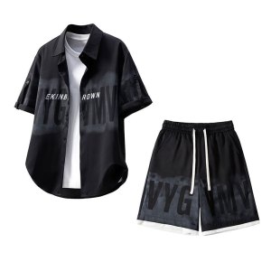 套装男夏季新款青少年短裤短袖衬衫男休闲时尚潮牌运动宽松两件套