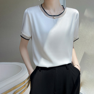 真丝短袖女圆领网纱拼接背心百搭宽松T恤春夏季新款纯色高端半袖