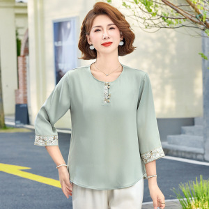 中老年夏季上衣时尚七分袖T恤衫洋气妈妈装雪纺套头衣服中年女装