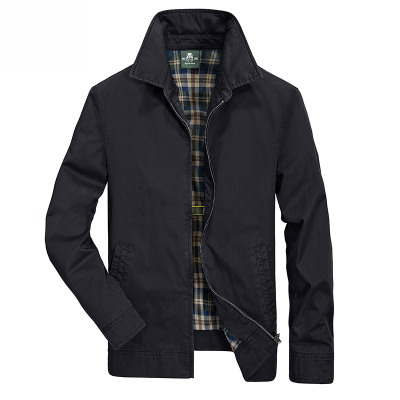 男士休闲夹克宽松大码水洗棉质翻领外套男春秋装简约休闲工装夹克衫深蓝色XL