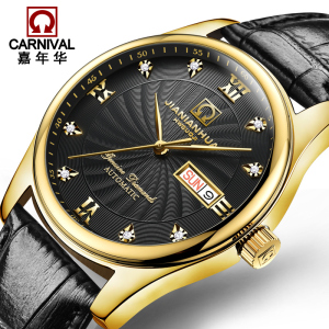 瑞士嘉年华Carnival正品新款手表全自动机械表 男表休闲时尚镶钻间金双日历手表男士防水金属腕表男士表8671