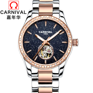瑞士嘉年华Carnival手表新款女士全自动机械表 女表星空系列简约休闲镂空夜光防水表精钢金属时尚潮流腕表8005