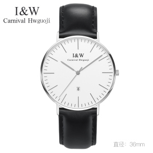 嘉年华CARNIVAL薄石英表 男表情侣表休闲时尚简约真皮女表防水男士腕表英伦风带日历专柜正品I&W 8757G-5PD