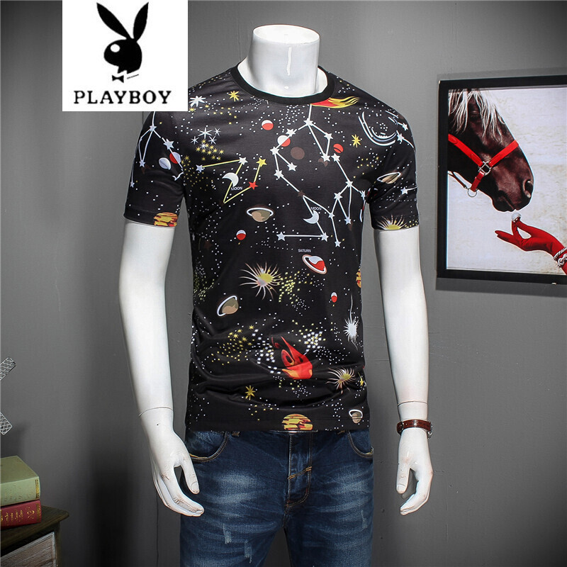 花花公子夏装丝光麻面料欧美男装星空图案印花