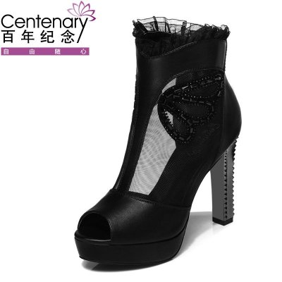 百年纪念韩版女式网纱凉鞋春季新款鱼嘴鞋时尚防水台鱼嘴高帮时装凉鞋蕾丝细跟高跟鞋蝴蝶结水钻单鞋女鞋子