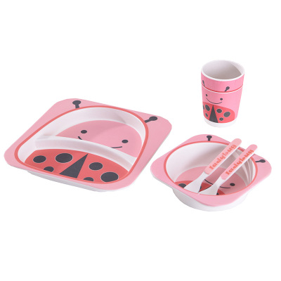 开优米竹纤维儿童餐具分格餐盘婴儿卡通饭碗宝宝碗勺叉子杯5件套粉色甲虫