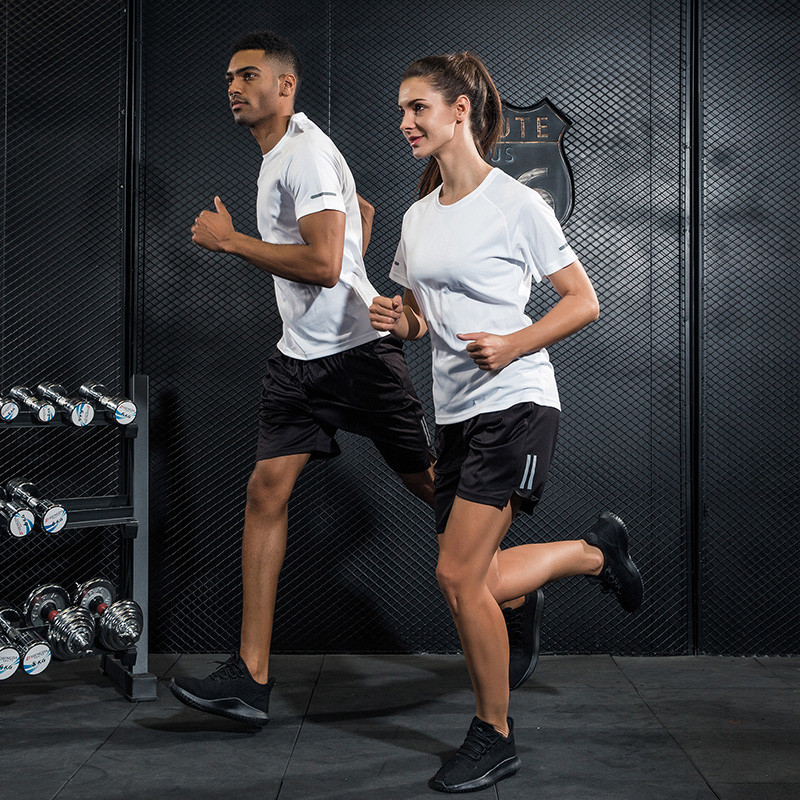 男女情侣款紧身衣套装速干训练衣裤套装弹力透气短袖短裤健身服纯色