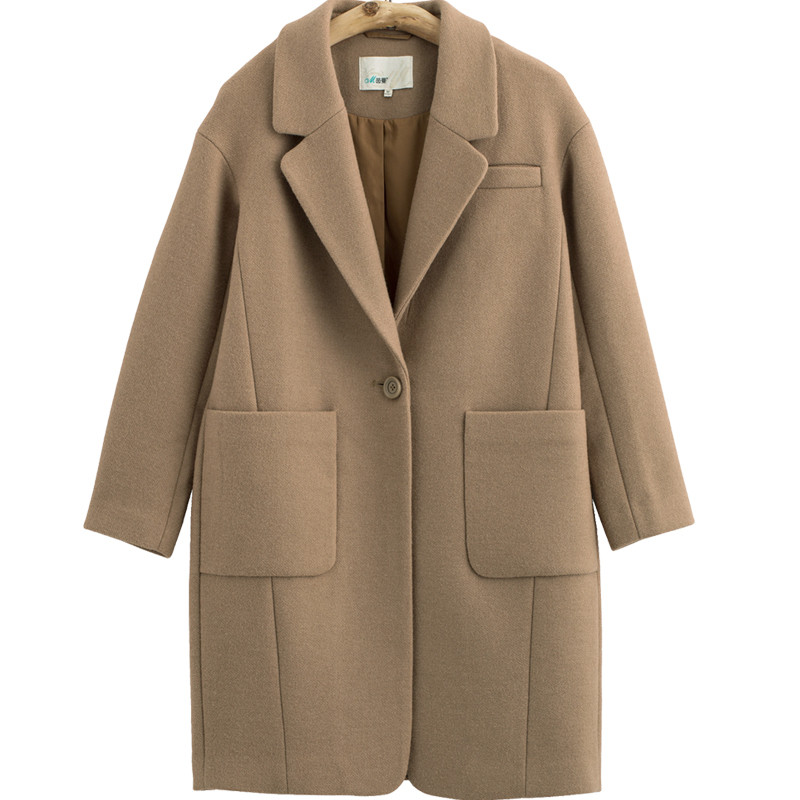 茵曼秋装新款简约纯色多口袋中长款呢外套大衣女