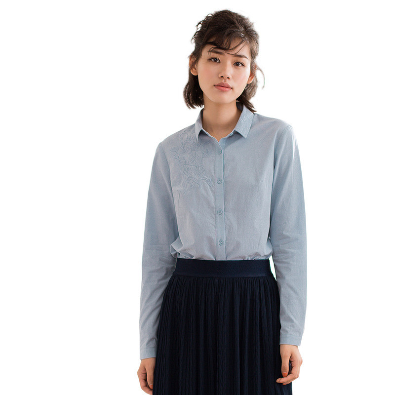 茵曼春秋装新款淑女文艺绣花百搭长袖衬衣女白色衬衫