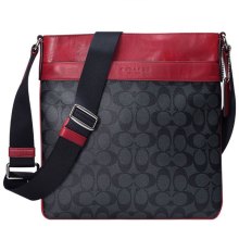 COACH/蔻驰 2016新款时尚经典C纹logo皮质男士斜挎包 F71877 黑色印花拼红