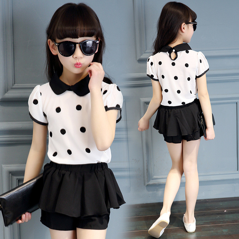 2017夏款女童圆点短袖裙裤套装儿童服装两件套