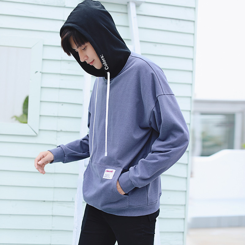 2017秋季新款男士卫衣假两件连帽卫衣男韩版潮学生宽松套头帽衫男装
