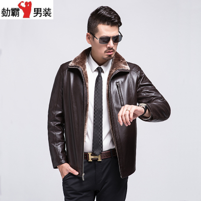 勎霸 男士皮衣皮毛一体皮衣2017冬装中老年大码仿真皮皮夹克中长款男装皮衣加厚保暖休闲外套