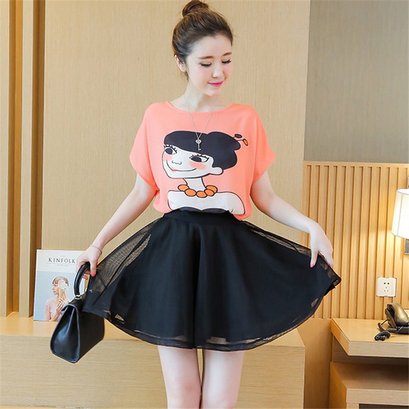 2016女宽松美女头印花t恤 半身a子裙两件套连衣裙