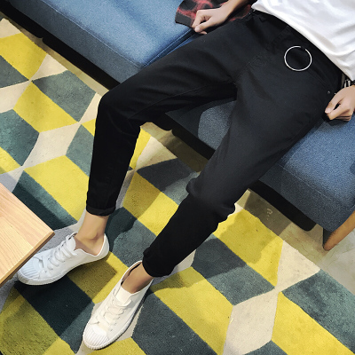 步来褶惠2017牛仔裤男修身铁环九分裤长裤子黑色夏