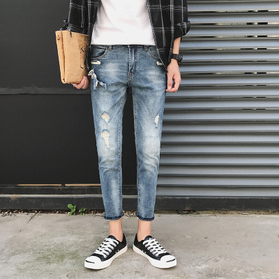 UYUK2017港风秋冬新款男士弹力直筒九分牛仔裤学生修身破洞长裤布条潮蓝色
