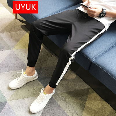 有衣有靠2017裤子男秋冬新款文艺男白条拼接青年学生修身薄款小脚休闲裤百搭潮流九分裤