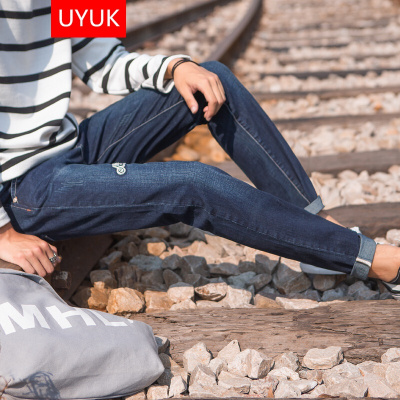 UYUK 秋冬新品牛仔裤男小号复古蓝修身小直脚长裤青少年显瘦直筒裤蓝色