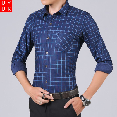 UYUK男士冬装加绒保暖格子衬衫青年韩版修身加厚休闲男装韩版衬衣