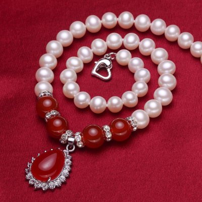 海瞳 淡水珍珠项链 红玛瑙珍珠项链送耳钉 送妈妈 包子圆红玛瑙直径8