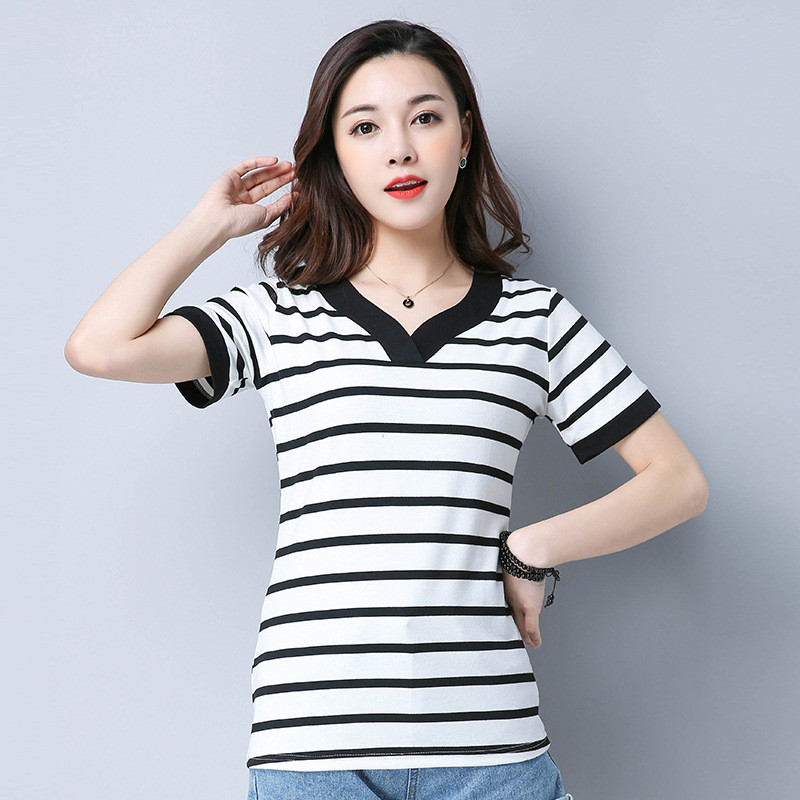 古莱登(godlike)韩版2017夏季新款女装条纹纯棉显瘦上衣服女士时尚