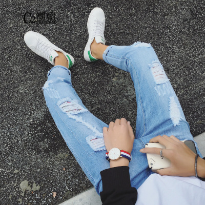 C2潮朝夏季薄款九分牛仔裤男青年小脚修身型韩版破洞哈伦裤男士裤子潮流蓝色