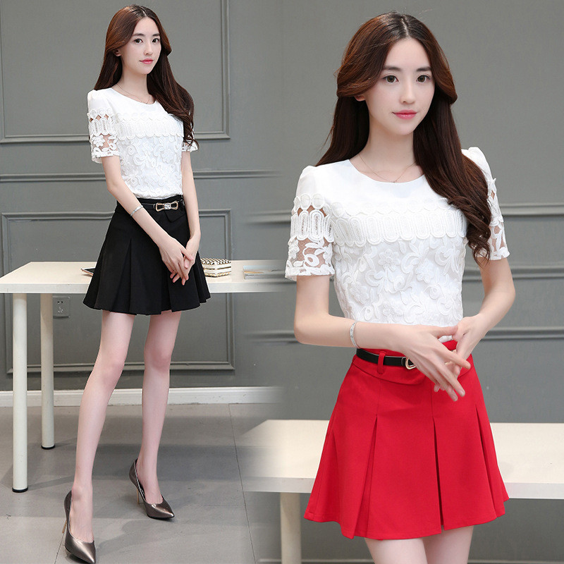 琳朵儿2017新款夏装韩版女装两件套装裙短袖蕾丝显瘦连衣裙