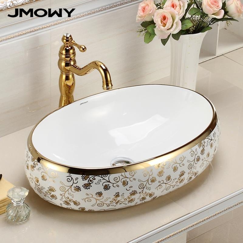 吉牧欧(jmowy) 卫浴洁具欧式台上盆洗手盆卫生间陶瓷洗脸盆台盆金色洗