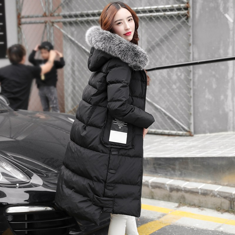 c16冬季女士长款羽绒服女连帽加厚保暖羽绒外套女加大码宽松羽绒风衣