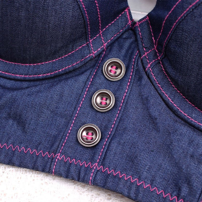 聚拢调整型防下垂牛仔高侧翼文胸 厚女日系可爱5排扣纽扣内衣套装