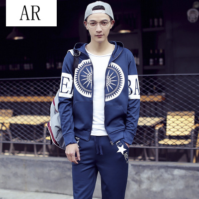 AR韩版男士印花开衫连帽卫衣套装帽衫外套时尚潮流休闲套装运动衫大码修身打底卫衣