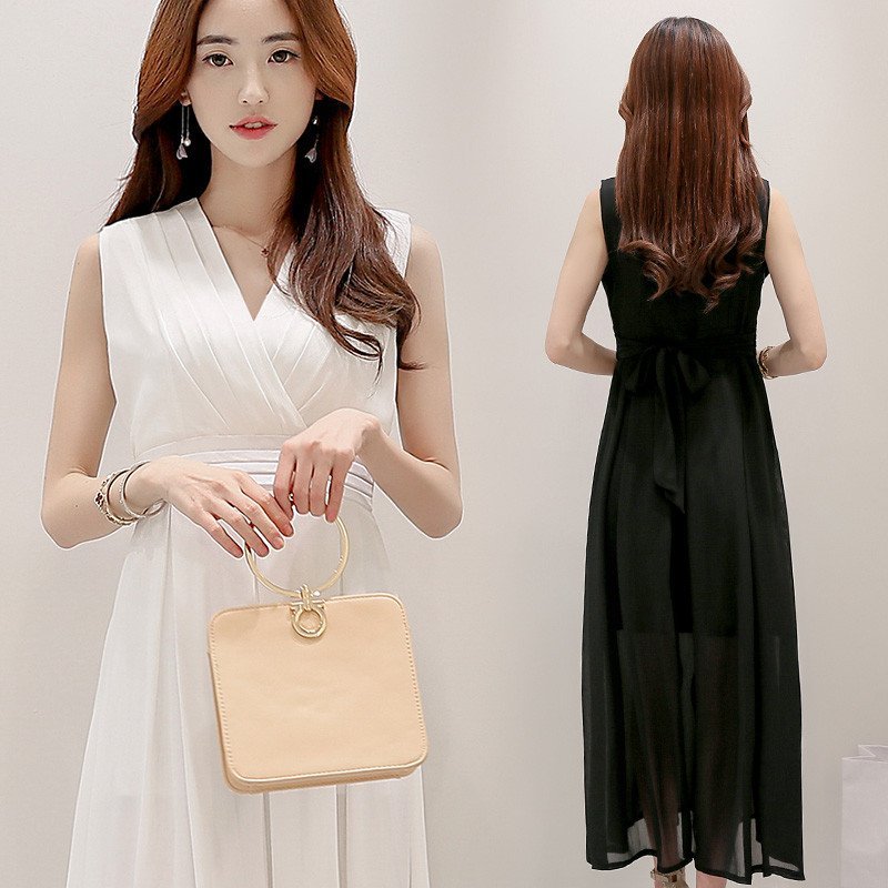 玥俪娅女装夏季时尚气质名媛香风无袖长款v领雪纺修身收腰连衣裙晚