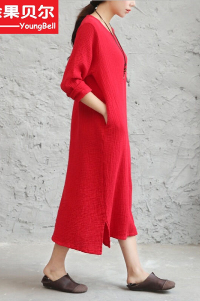 余果贝尔2017春新款宽松大码连衣裙长袖棉麻文艺双层棉皱打底长裙袍子