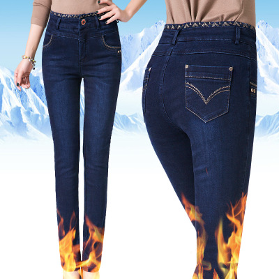 余果贝尔(YoungBell)秋冬妈妈装加绒加厚中老年女裤牛仔裤加大码裤子高腰直筒裤棉裤女棉裤