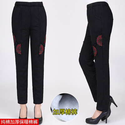 余果贝尔(YoungBell)批发代理中老年女装秋冬季夹棉长裤子松紧高腰妈妈装绣花棉裤奶奶棉裤