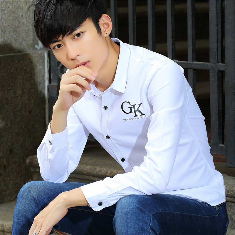 韩雪青青2016新款韩版衬衫潮流行男士修身纯色男休闲白色纯棉寸衫衬