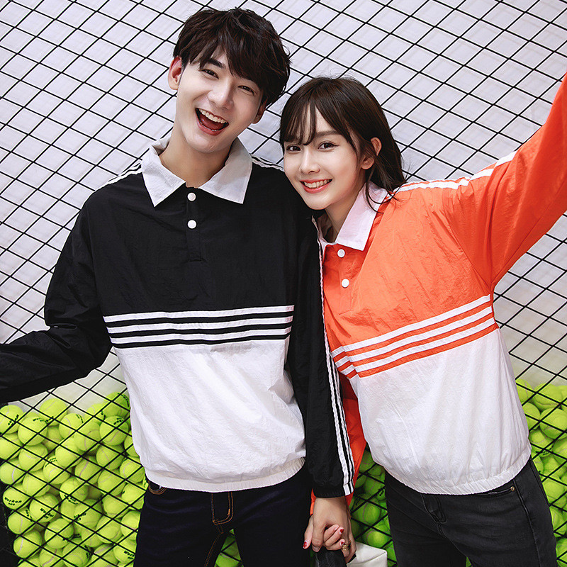 魅言魅语2017【实拍】2016秋装情侣装套头运动男女学生班服拼接潮外套