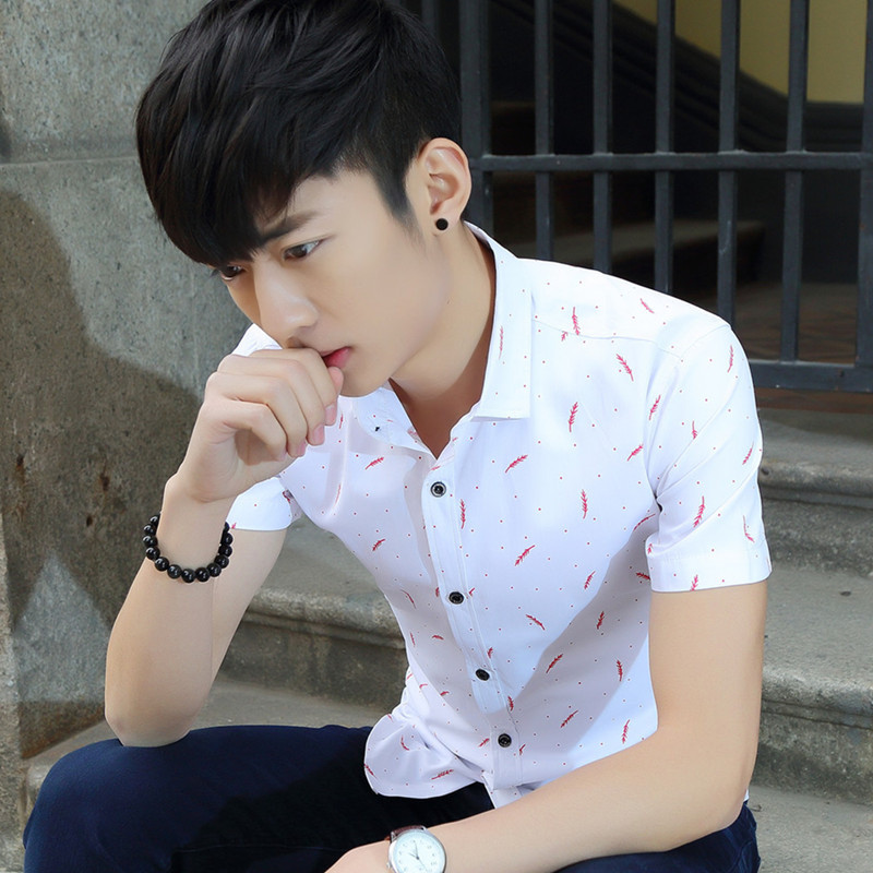 魅言魅语2017简约棉质薄款衬衣男士潮流韩版羽毛短袖休闲衬衫男生大码