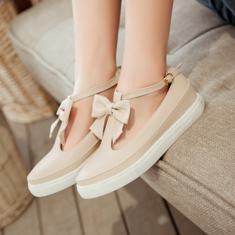 英伦风时尚黑色大蝴蝶结平底鞋女甜美百搭学生圆头平跟休闲小白鞋