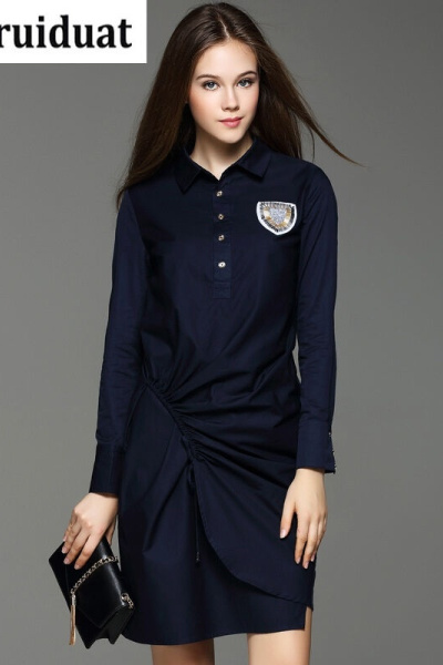 Kruidvat2017春季新款女装时尚褶皱收腰显瘦连衣裙翻领衬衫裙长袖一步裙女B076蓝