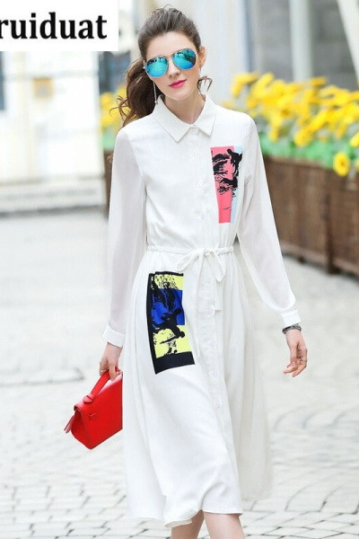 Kruidvat2017春季新款女装翻领长袖修身连衣裙大摆裙长裙LT白色翻领单排扣长裙