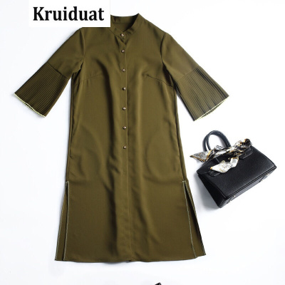 Kruidvat2017春季女装新款时尚宽松大码连衣裙欧美显瘦单排扣拼接褶皱女裙B076
