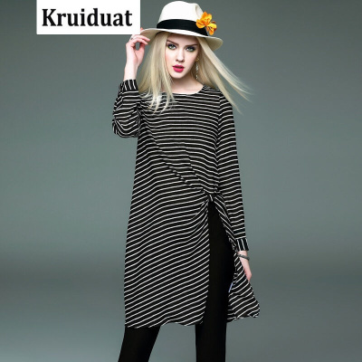 Kruidvat雪纺衫女2017春装新款女装长袖中长款条纹上衣宽松打底衫女潮HD条纹